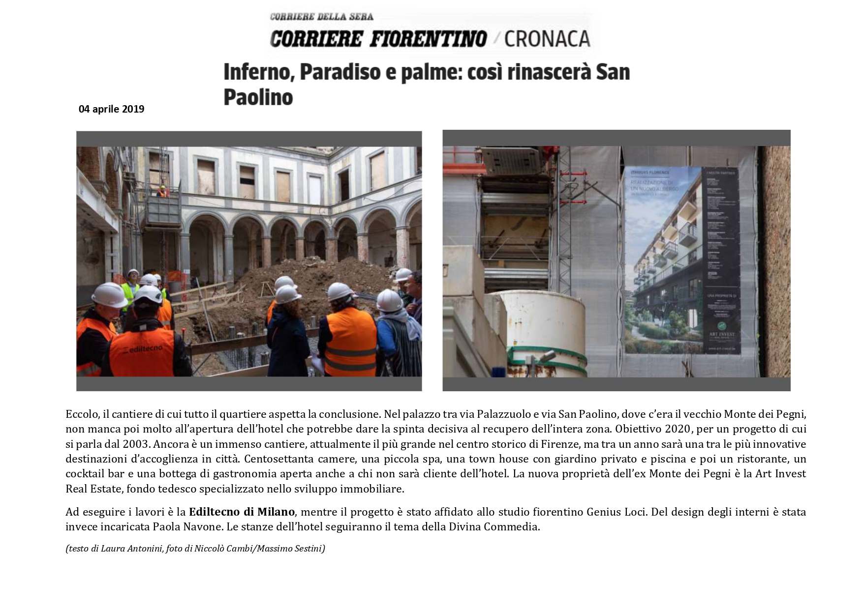 04 Aprile 2019 - "Inferno, Paradiso e palme: cos&igrave; rinascer&agrave; San Paolino" - CorriereFiorentino.it